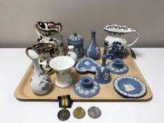 A tray of Masons jug, Wedgwood ornaments,