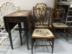Three Victorian bedroom chairs and an antique drop leaf table