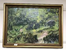 Continental school : impressionistic woodland scene, oil on canvas, indistinctly signed, dated '38,