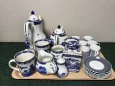 A tray of blue and white Ringtons china,