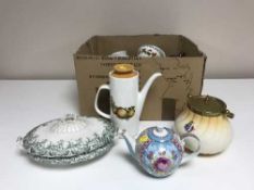 Two boxes of china, ornaments, glass bottles,