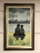 Twentieth century school : girl and boy seated by a river, oil on canvas, indistinctly signed,