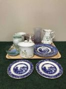 A tray of china, willow pattern plates, Denby vase,