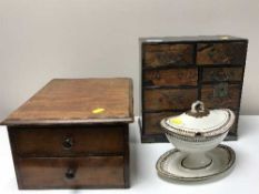 An Oriental style jewellery casket together with mahogany two drawer chest and Pearlware sauceboat