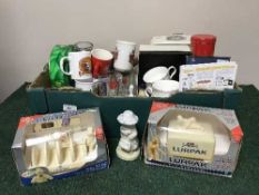 A box of china, Lurpack butter dish, cups,