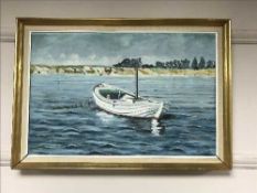 Continental school : fishing boat with beach beyond, oil on canvas, indistinctly signed,