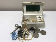 Jewellery box containing quantity of costume jewellery together with three crowns