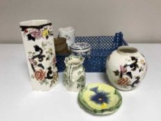 A crate of Masons ware, vases,