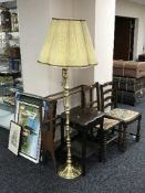 A brass standard lamp, occasional table,