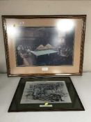 A gilt framed print - A hunting morning, a framed Joe David snooker print,