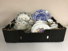 Two boxes of Royal Norfolk china, Spode cake plate, mugs, wooden letters,