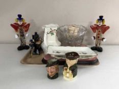 A tray of two Murano glass clowns, Royal Doulton small character jug Robin Hood,