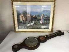 An antique inlaid mahogany banjo barometer and a gilt framed print depicting a girl on a farm