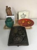 A tray of Poole plate, ginger jar, Ridgeway Racing The Mail tankard,