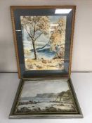 A framed oil on board - figures fishing by B. Mowbray, framed watercolour by K.