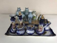 A tray of four Shelley vases depicting boats, eight piece china trinket set,