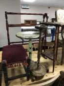 A carved plant stand, footstool, oak smoker's stand,