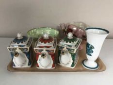 A tray of three Saddler teapots, Susie Cooper Ashmun vase,
