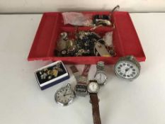 A box of costume jewellery, Ingersol pocket watch,