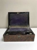 A Victorian birds eye maple and mother of pearl writing slope with two ink wells