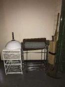 A bundle of garden tools, hand basin, bed tray, three drawer metal rack,