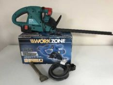 A boxed Workzone multi purpose saw, Bosch hedge trimmer, bike lock,