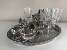 A plated gallery tray and three piece plated tea service, crust set, Caithness paperweight,