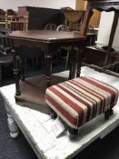 A hexagonal two tier table and a footstool