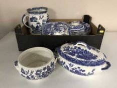 Two boxes of 20th century blue and white willow pattern china, assorted plates,