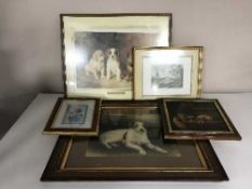 A mahogany framed oil - two spaniel puppies and six other framed pictures