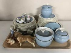 A tray of part Wedgwood Summer Sky dinner service, dog figures,