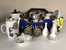 A box of Lord Nelson tea china, Wedgwood vases, Aynsley vases, tankard,