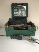 A box of assorted electrical power tools - cased Bosch 18v drill (no battery), Hitachi drill,
