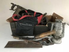 A box of vintage hand tools, garden tools, Tilly lamp,