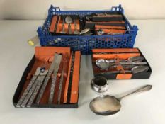 Two crates of assorted cutlery, boxed Webber & Hill table ware, plated bowls,