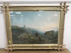 A pine framed print - Shepherd with flock