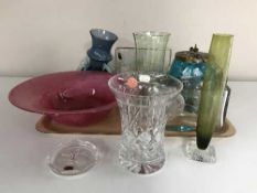 A tray of hand painted glass biscuit barrel, Webb Corbit glass vase, envelope glass vase,