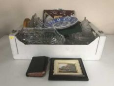 Three boxes of antique pottery dinner ware, mugs, glass ware, mugs, toast rack,