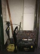 A work bench, tool box and tools, Karcher pressure washer, spirit levels,