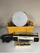 A Philips suitcase style turn table and assorted radios, blu ray player, Sky box,