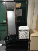 A black glass three tier TV stand, four folding kitchen chairs, s.