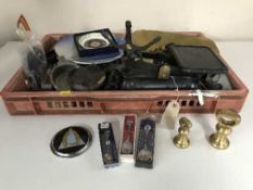 A box of kitchen scales and weights, tea spoons,