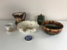 A tray of Royal Doulton Old Charlie character jug, Royal Doulton fruit bowl, Queen Victoria mug,