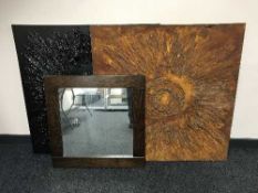 A wooden framed mirror and two contemporary abstract pictures