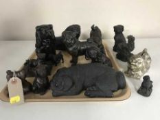 A tray of quantity of assorted resin figures of dogs and a metal dog money box