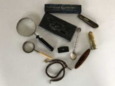 A bag of magnifying glasses, silver spoon, knife, tobacco jar, Watermans fountain pen,