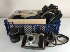 A box of assorted cameras and lens - Zenit EM, Zenit E, Fuji,
