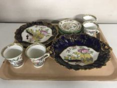 A tray of four Peacock pottery Indian Tree trios and five piece Paragon china serving set