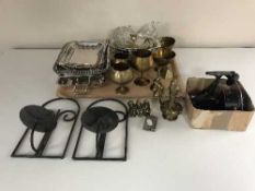 A Mitchell fishing reel, plated ware and brass ware,