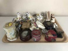 A tray of Spode Sumatra china mantel clock, thimbles, trinket boxes,